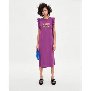 ZARA Women's Midi T-Shirt DRESS WITH FRILLS AND INSCRIPTION Violet